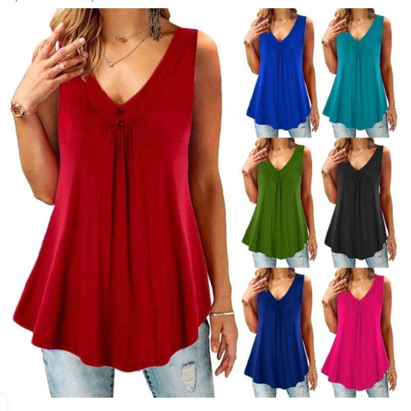 Summer Plus Size Sleeveless Women V-Neck Pleated Button Women's Polyester Loose Tank Top T-shirt Clothing Vestido De Mujer