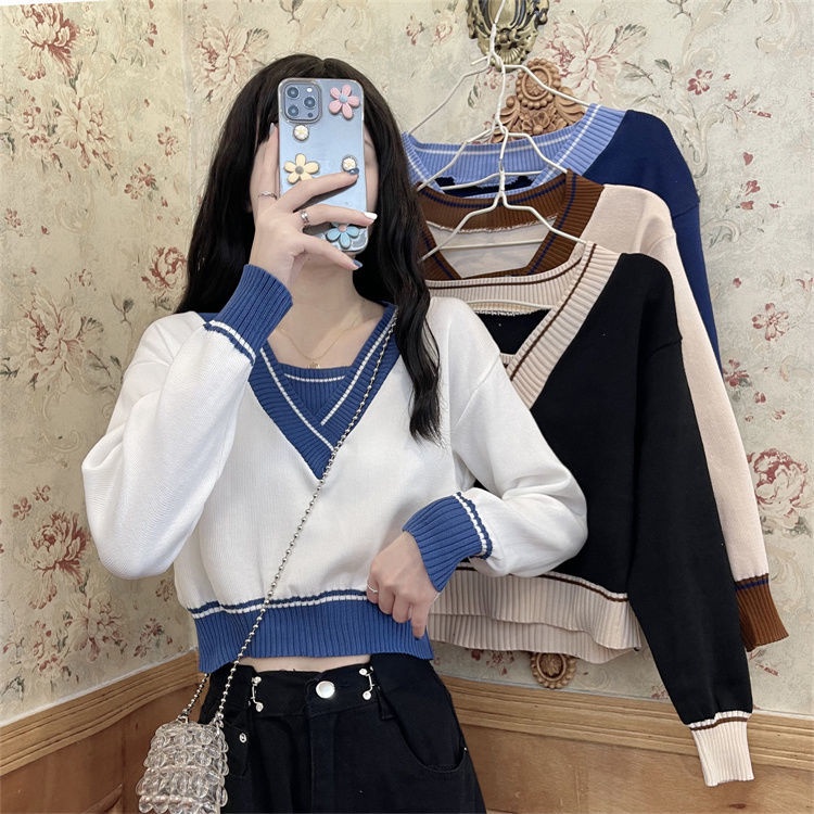 Fake Two Short Knitwear Women's Clothing Spring And Autumn 2023 New Long Sleeve Sweater Design Sense Minority V-neck Top