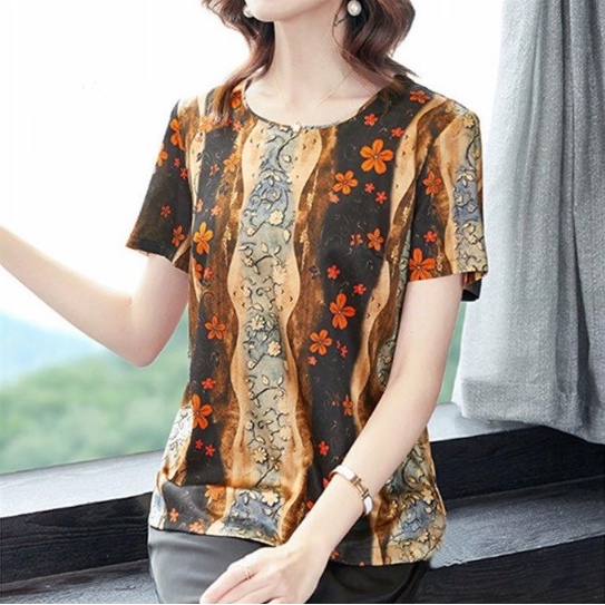 ☞〖Large size mother's clothing printing top〗 loose and thin round neck short sleeve T-shirt