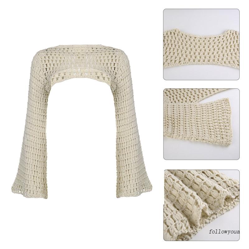 fol Women Y2K Hollow Out Top Long Sleeve Crochet Knit Crop Tops