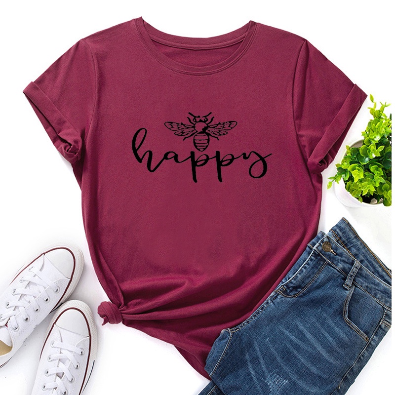 Bee Happy Letter Graphic T Shirts Fashion Inspirational Women Clothing Summer Cotton O-neck Short Sleeve Female Tops