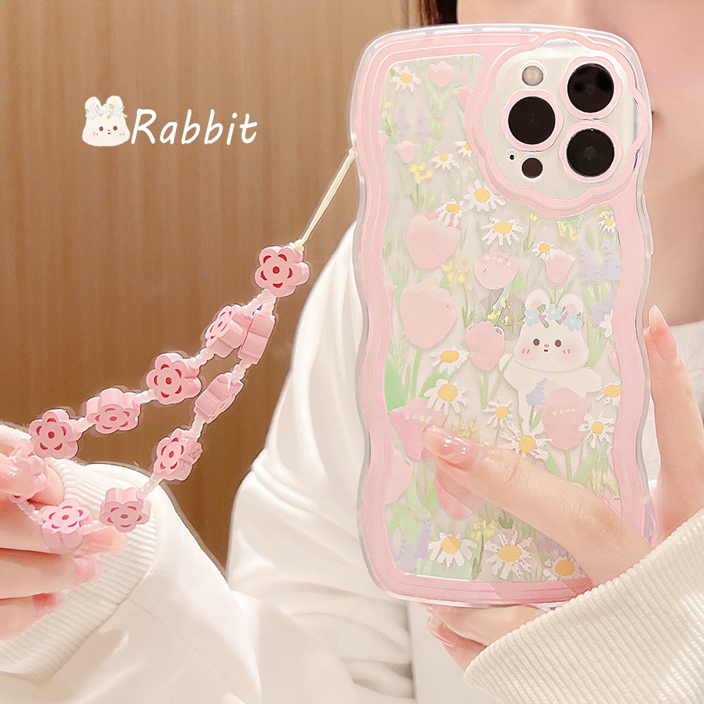 Pretty Rabbit in Flowers for iPhone 14 13 12 11 Pro Plus Max X XR XS Max [Wodeke] Case Flower Wavy Design with Bracelet Pink Frame Style