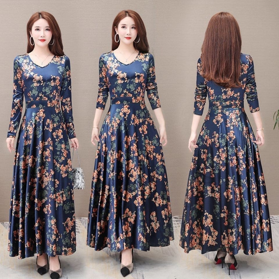 READY STOCK M-5XL Plus Size Women Long Dress Fashion V Neck Long Sleeve  Floral Velvet Party Dinner Muslimah Maxi Dresses