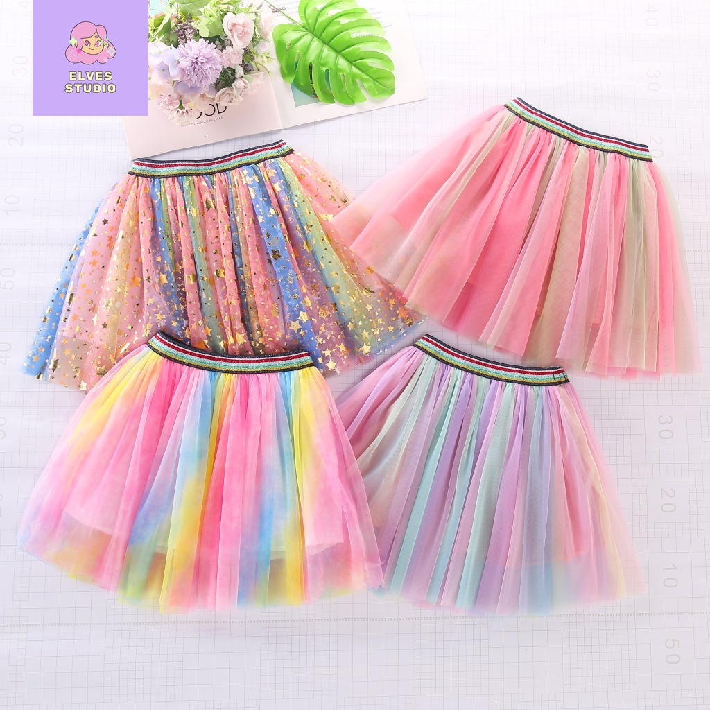 Elastic waist on sale mesh rainbow skirt