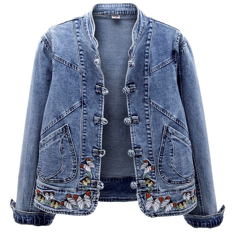 Spring Autumn Clothing New Style Denim Jacket Women Short All-Match Retro Chinese Embroidered Stretch