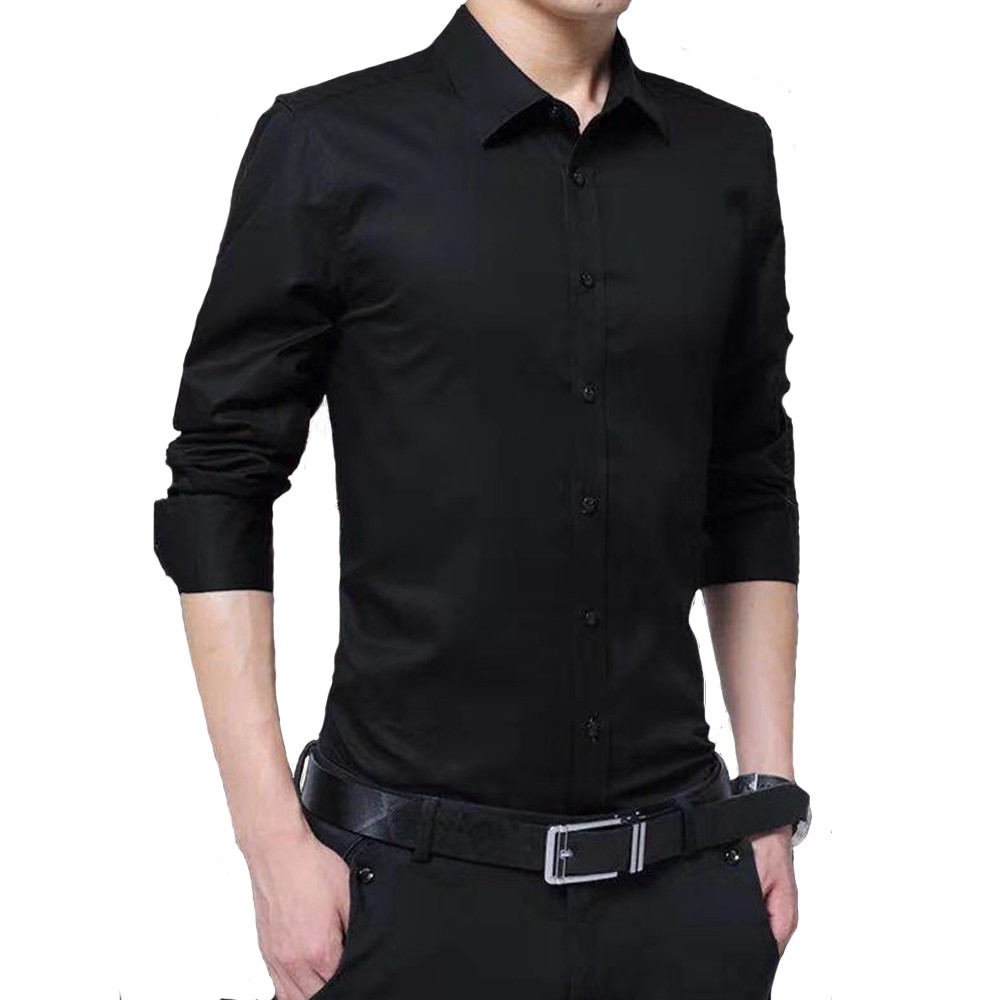 [S~5XL] Men Shirt Long Sleeve Black Formal Shirts Plus Size Korean Slim Fit Plain Top Clothing