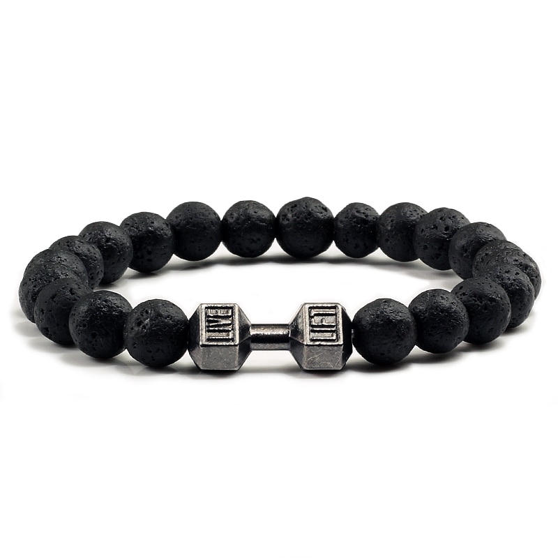Natural Black Volcanic Lava Stone Dumbbell Bracelet Black Matte Beads Bracelets For Women Men Fitness Barbell Jewelry
