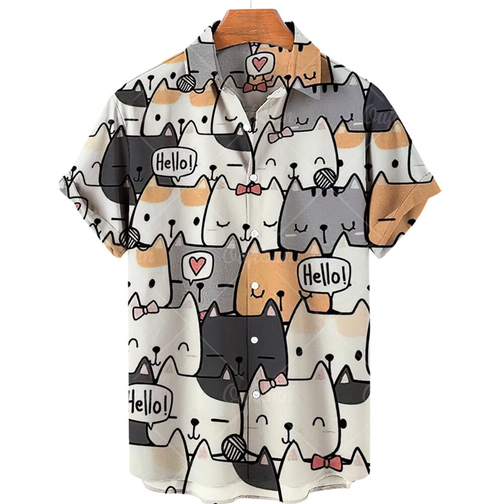 Men's Fashion Men's Fashion Men's Hawaiian Shirt 3D Cat Print Summer Holiday Fashion Casual Beach Short Sleeve Cute Turn-down Collar Loose 3XL Clothing