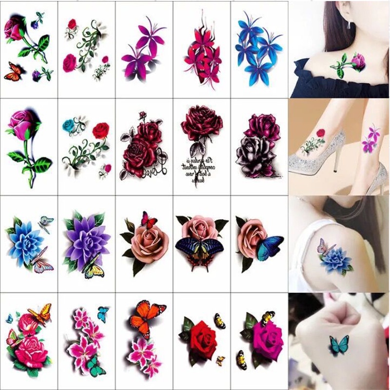 8PCS Waterproof Temporary Tattoo Sticker Blue Rose Peony Flowers Flash Tattoos Cross Rosary Body Art