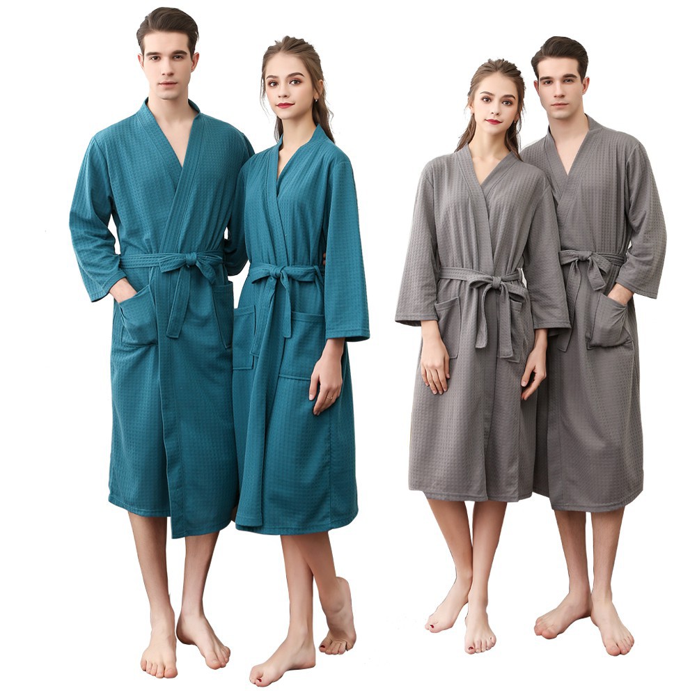Men Women Cotton Waffle Bath Robe Sleepwear Kimono Bathrobe Summer