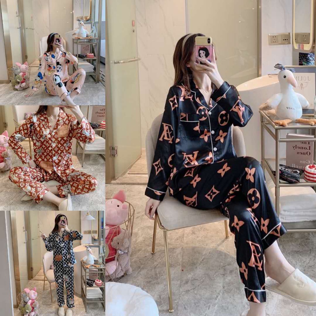 Women Silk Satin LV print Short Sleeve Pyjamas set Baju Tidur Sleepwear  Pajamas Suit