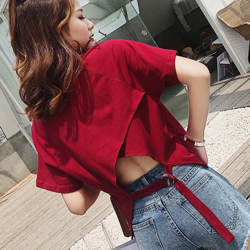 Ready stock New short-sleeved t-shirt women loose Korean version of the high waist irregular slits hollowed carefully machine halter top summer women's clothing