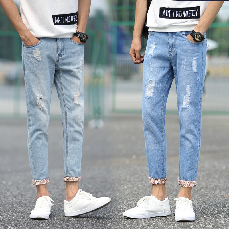 Mens Ankle Length Denim Slim Thin Straight Low waist Zipper Worn Hole Jeans