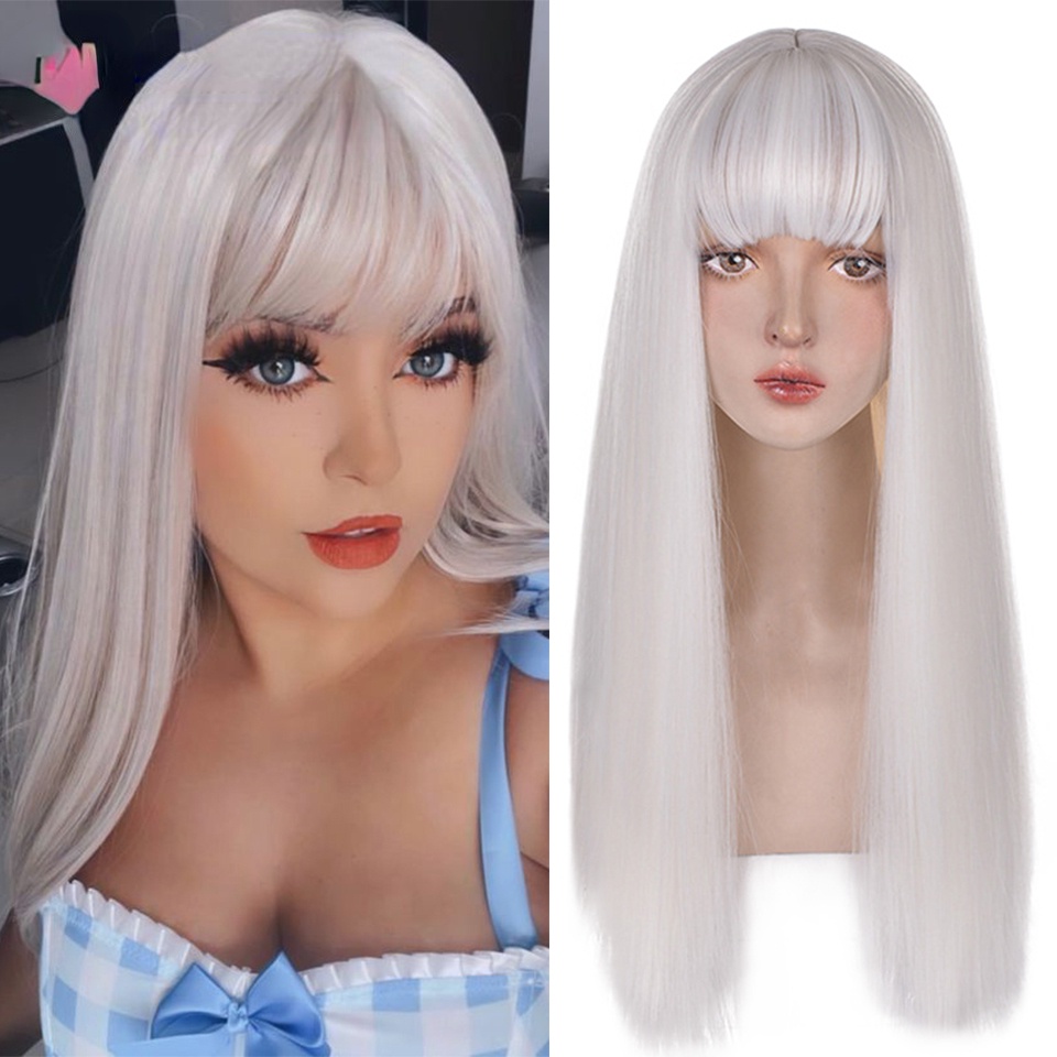 Long Straight Synthetic Wigs For Women Natural Heat Resistant White Wig Anime Cosplay Daily 7113