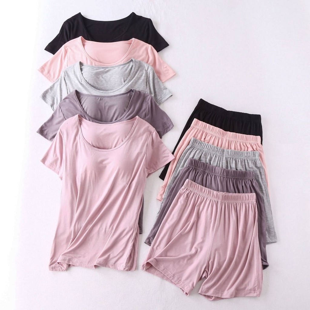 Comfy Modal Pajamas Women Solid Color Short Sleeve Pyjamas Set with Chest Pads T Shirt and Shorts Set Two-piece Sleepwear Nightwear Plus Size Homewear Summer Cool and Breathable Casual Sports Suit Loo