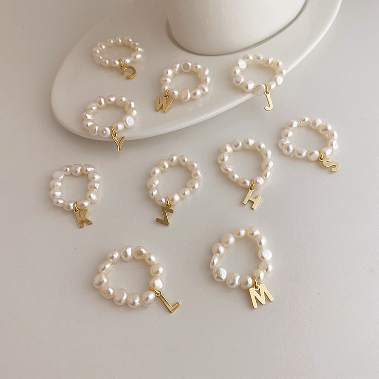 Vintage Natural Freshwater Pearl Letter Ring Korean Simple Versatile 