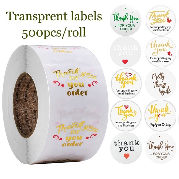 500 Pcs/Roll Thank You Stickers Seal Labels Transparent Gold Foil ...