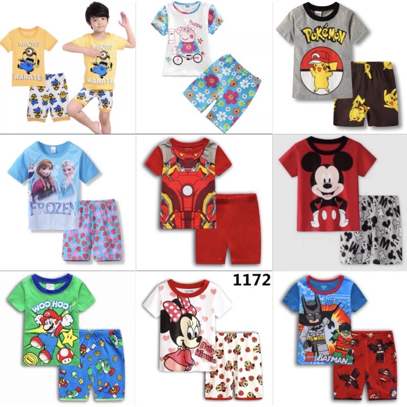 Local Seller 3-7 Year Old Kids T-Shirt With Short Pant Kids Pyjamas / Kids  Outing Set Mickey Mouse Peppa Pig Pokemon