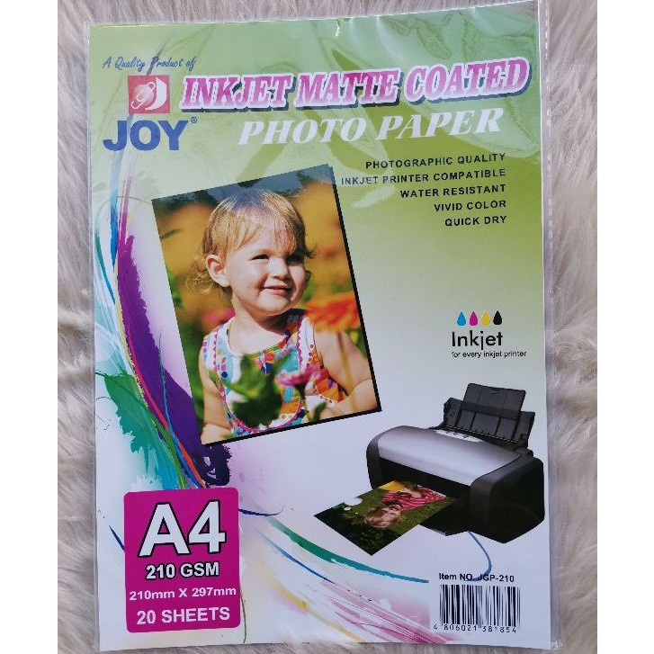 Joy Photo Paper INKJET Matte A4 210gsm 20 sheets per pack | Shopee ...