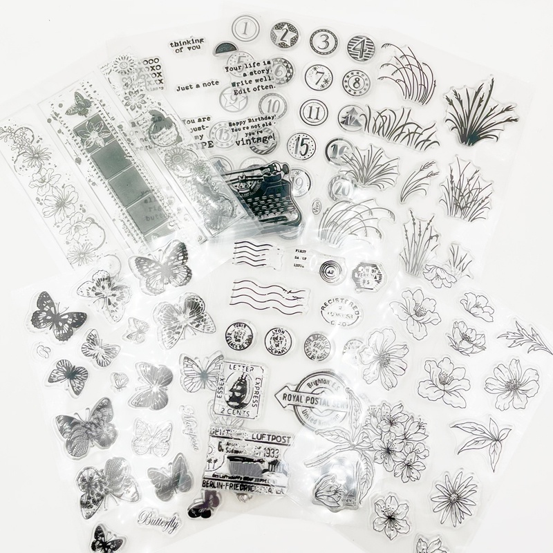 Vintage Transparent Stamp Plants Date Letter butterfly flower DIY Album