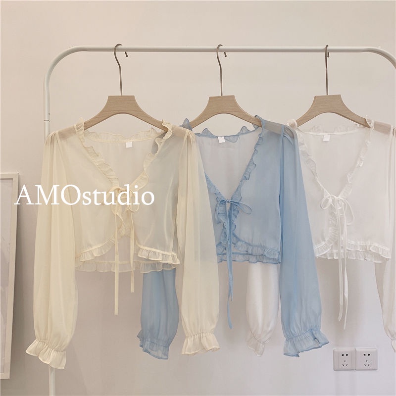 Sun Protection Clothing Lace Small Shawl Jacket Women Short Cardigan Outer Vest Chiffon Long-sleeved Thin Top Women's
