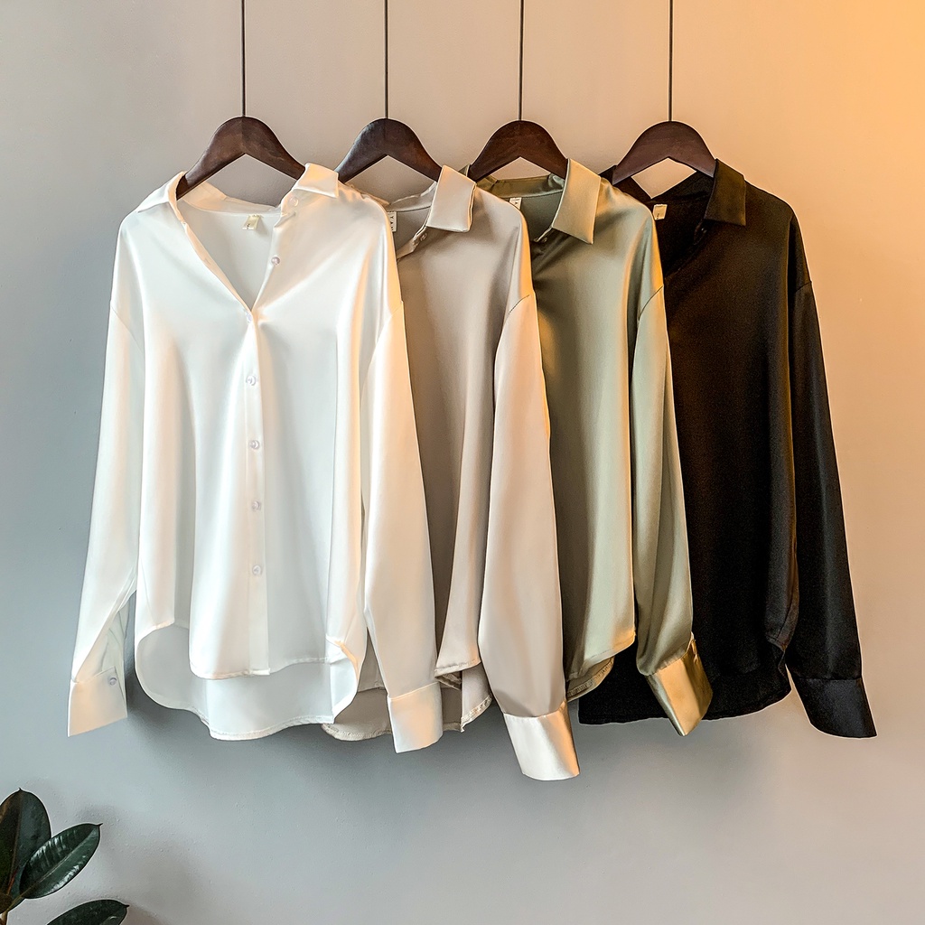 TianShun Satin Shirt for Women Black White Green Atasan Korea Kemeja Putih Hitam Kemeja Wanita - Gambar 3