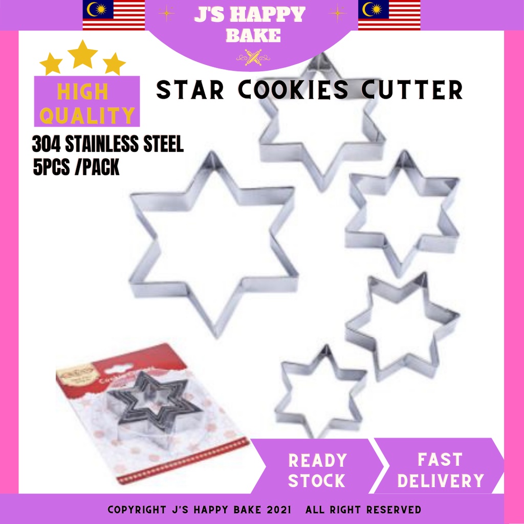 5 pc/set Baking Star Moulds Stainless Steel Cookie Cutters Plunger ...