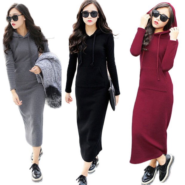 Hoodie Maxi Dress Autumn Slim Bodycon Fleece Sweater Women clothing