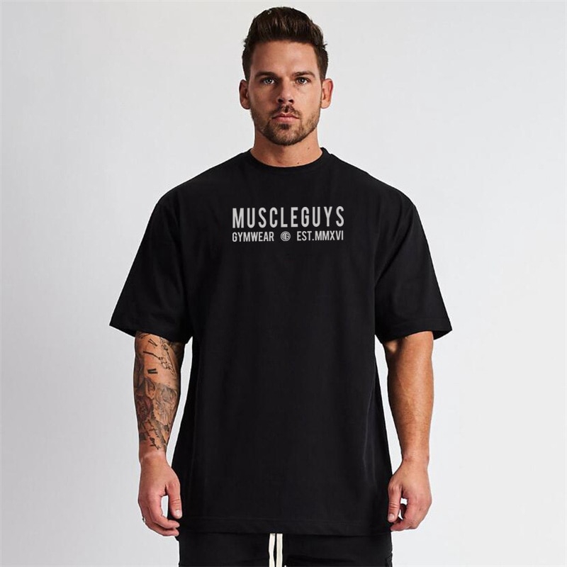 Muscleguys Brand Oversized T-shirt Men Dropped Shoulder Short Sleeve Fitness T Shirt Summer Loose Gym Clothing Bodybuilding Tops