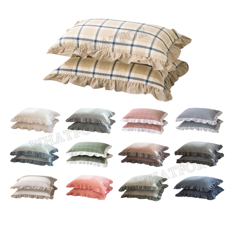Ins Korean Pillowcase 100% Cotton Pillow Case with Lace Plaid
