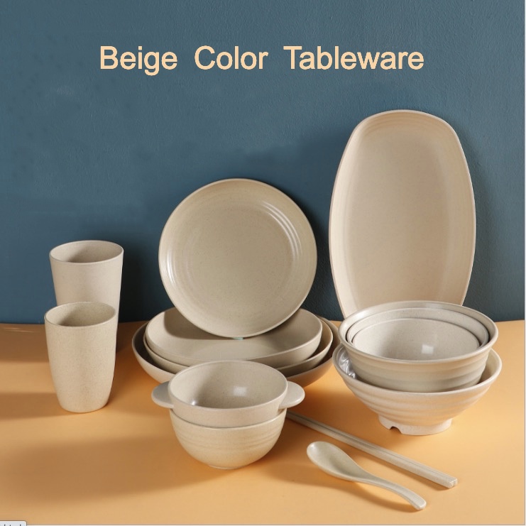 Beige Color Wheat Straw Tableware Rice Bowl Plates Family Spoon Pot ...