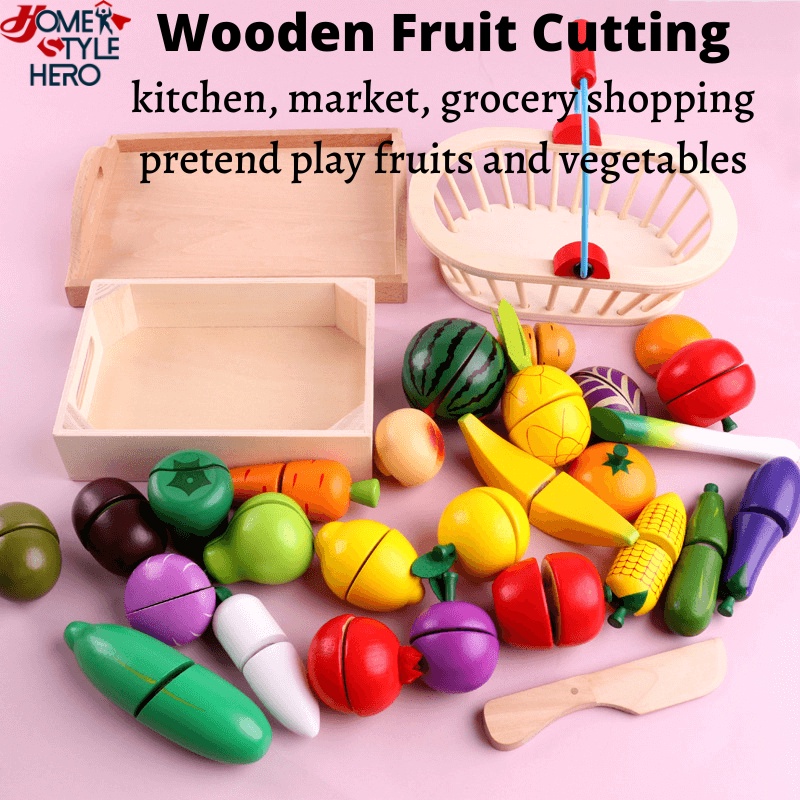 [SG Stock] Wooden Fruit Vegetables Chopping Kitchen Toys Velcro Market Pretend Play Cutting Game Kids Educational Gift