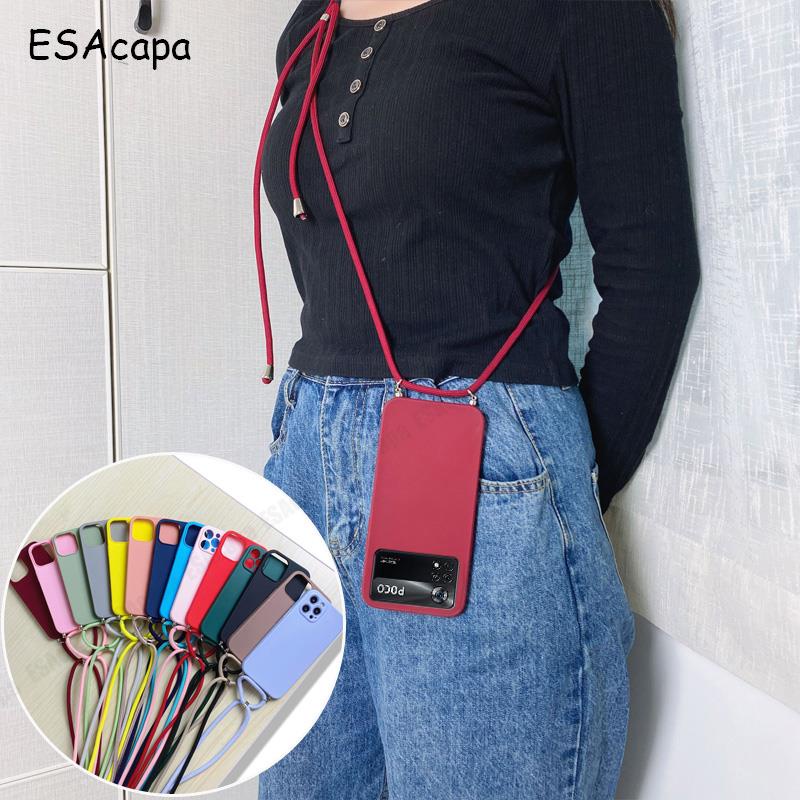 XIAOMI POCO M4 5G F4 GT X4 M4 PRO Soft Case Candy Color Crossbody Necklace Lanyard Matte Silicone Phone Case Poco M4pro X4 Pro Hang Rope Shockproof Tpu Cover