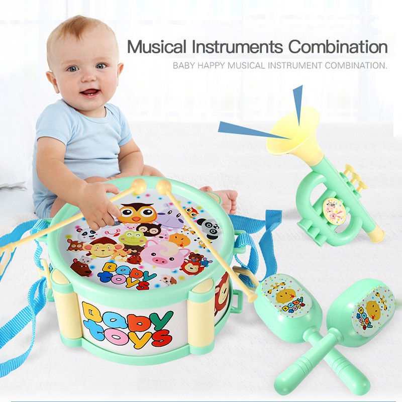 Dropship Musical Toy Set Roll Drum Guitar Instruments Band Kit Kids Early Educational Toy Gift Baby Grasp Hand Bell Music Toys