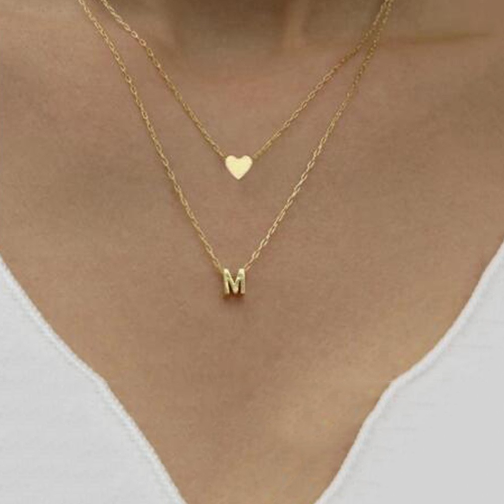 Double Layer Tiny Initial Letter Pendant Necklace Gold Silver Plated Heart Choker Women Girls Metal Jewelry Party Gift