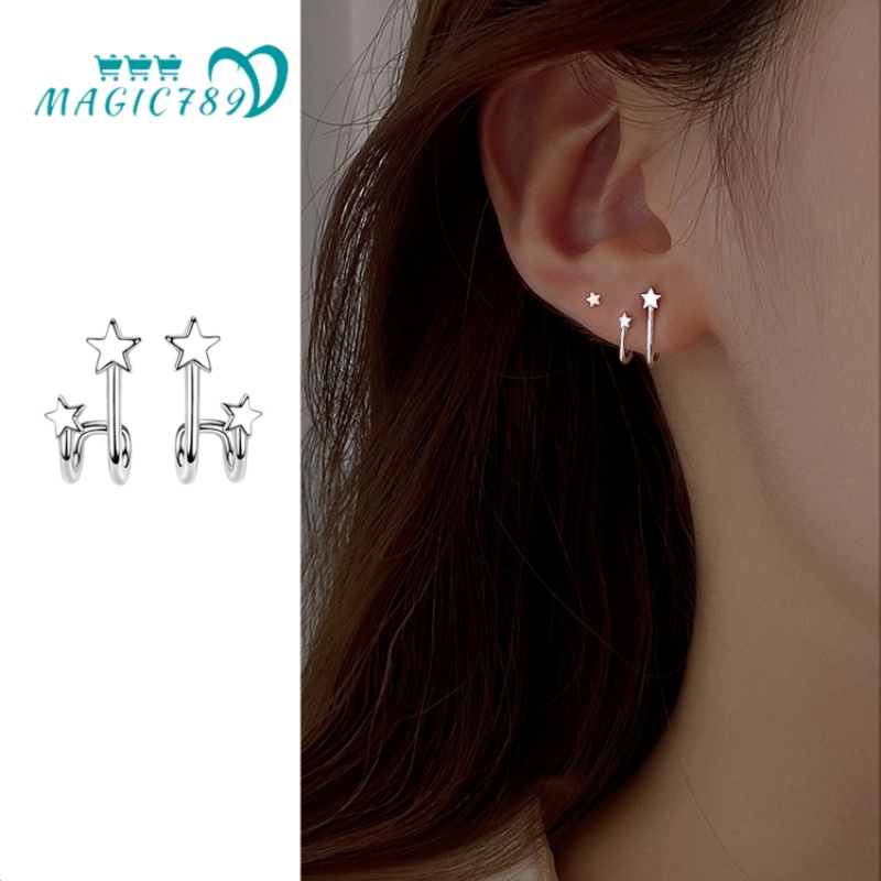 Magic789 Korean s925 Silver Little Star Hook Stud Earrings for Women Girls Chic Piercing Ear Cuff Clip Earring Fashion Jewelry