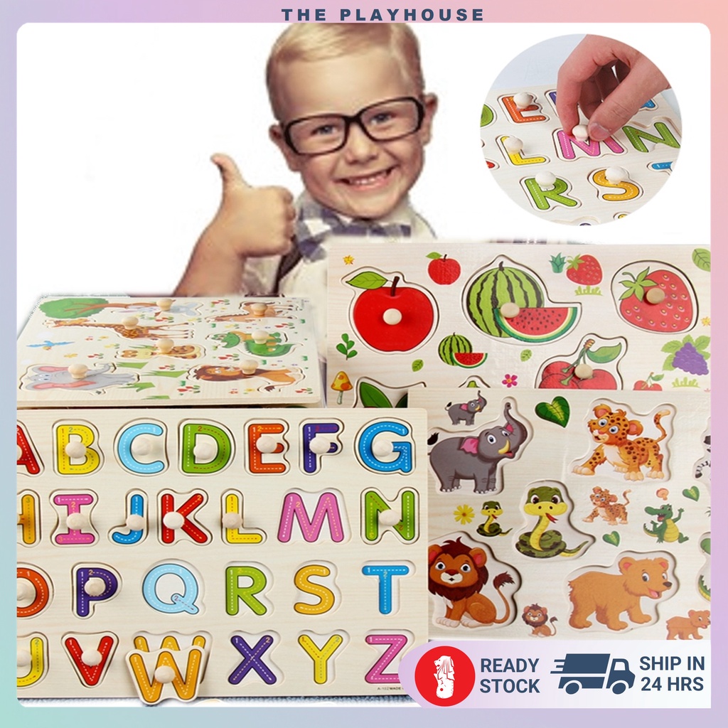 Wooden Puzzle Montessori Educational Pegboard Toys for Kids with Hand Grip Baby Toddler Knobs Puzzles