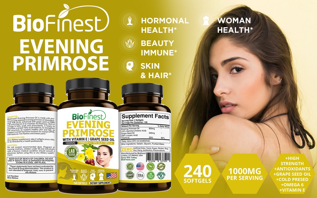Biofinest Evening Primrose Oil 1000mg Supplement Grape Seed Oil Vitamin E Omega 6 Antioxidant