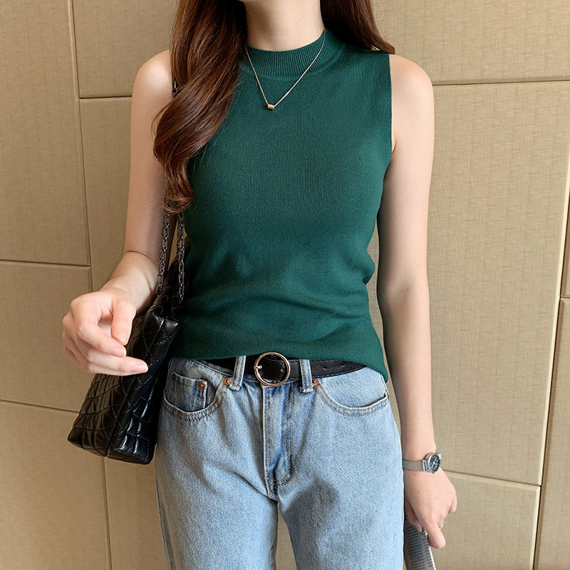 Waistcoat Sweater Vest Half Turtleneck Slim-fit Slimmer Look Simple All-match Girls Clothing Korean Version Summer Thin Bottoming Shirt Western Style A