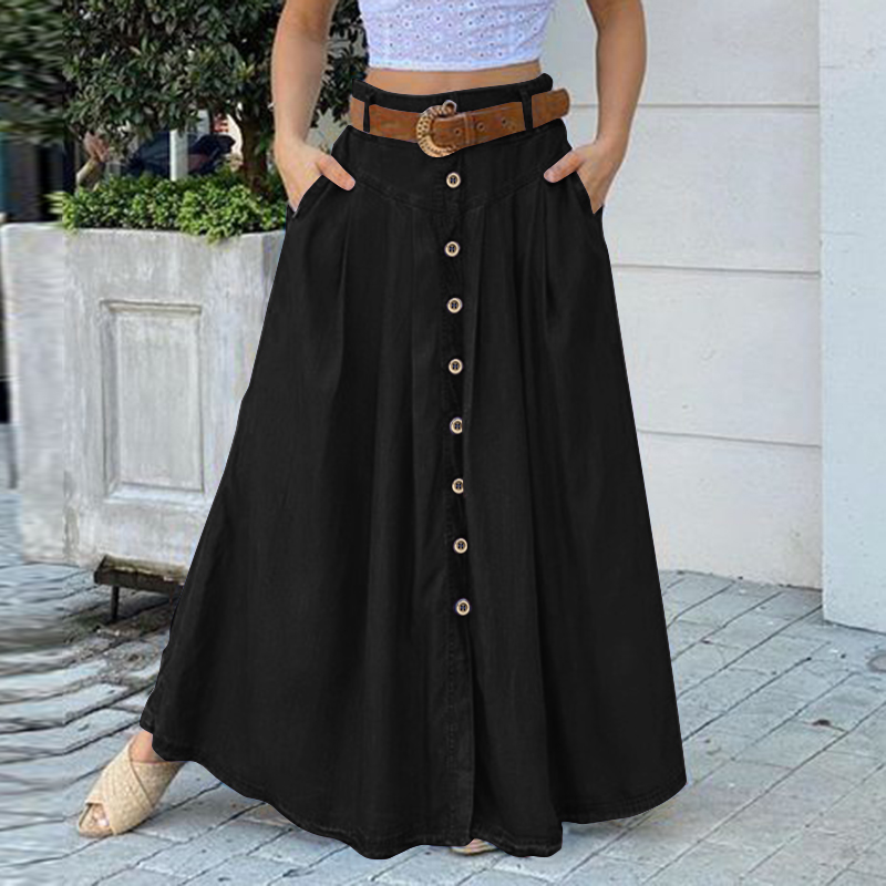 ZANZEA Women Casual Retro Button Down Front Side Pockets Long Skirt Shopee Singapore