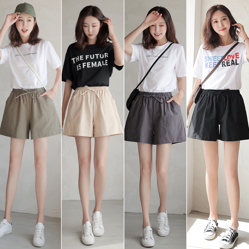 Linen Shorts, Black, White, Cotton, Plus Size