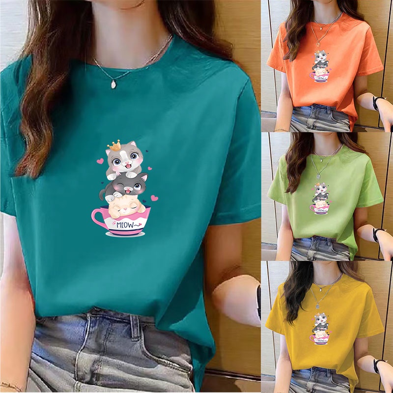 女装上衣女短袖Short Sleeve T-shirt Women Clothing Summer New Cute Kitten Print Round Neck Korean Style T-shirt Summer Girls Clothes Fit Loose Casual Large Size Short Sleeve Top Women