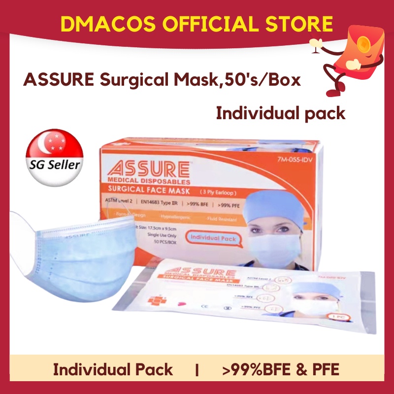 ASSURE Surgical Mask, 3-Ply Earloop, Individual Wrap, BFE & PFE > 99% ...