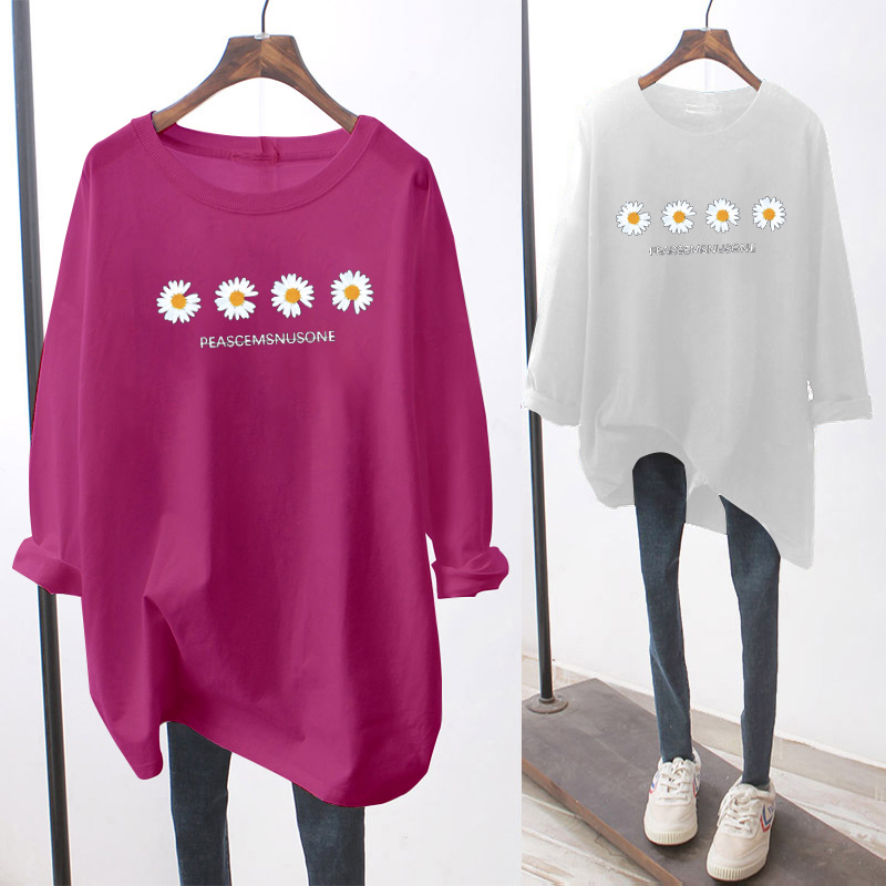 ?Korean House?Plus size women clothes 2020 autumn clothing loose cartoon printing blouse bottoming shirt female round neck long sleeve T-shirt tops Baju Murah