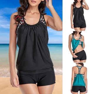 Women Hollow Lace Tankini Swimwear Tank Tops Boy Shorts Bikini Set Summer  Swimsuit