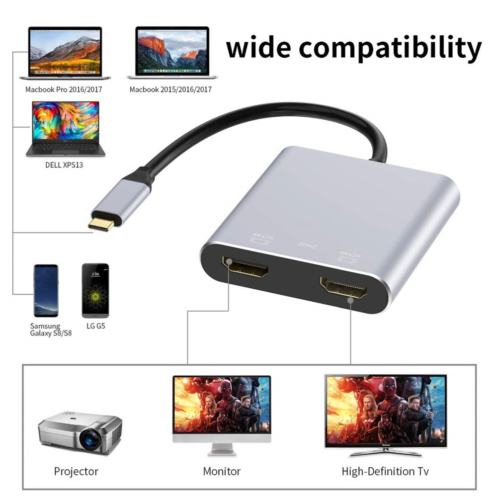 4in1 Type-C to Dual HDMI 4K USB3.0 PD Fast Charging Dual Screen Extend ...