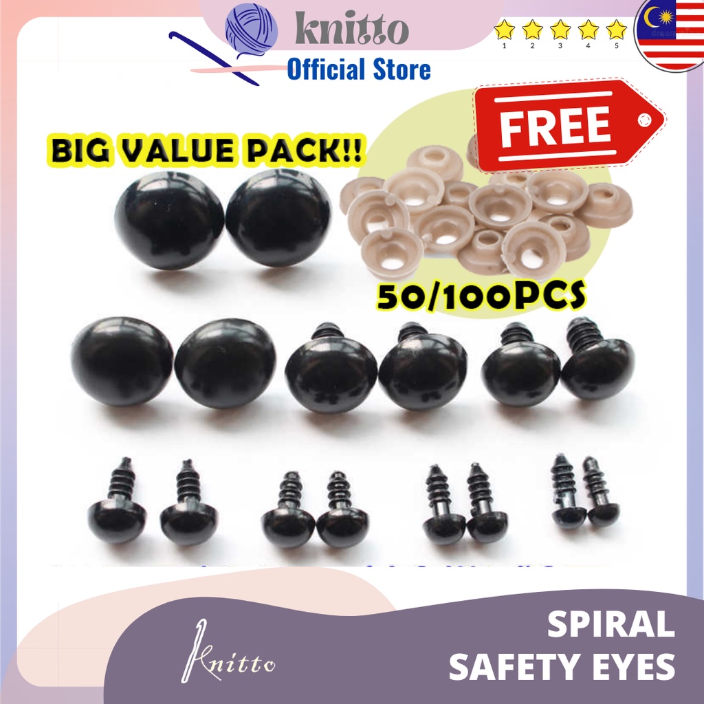 100PCS 6mm - 12mm Safety Eyes, Black Plastic Large Doll Eyes for