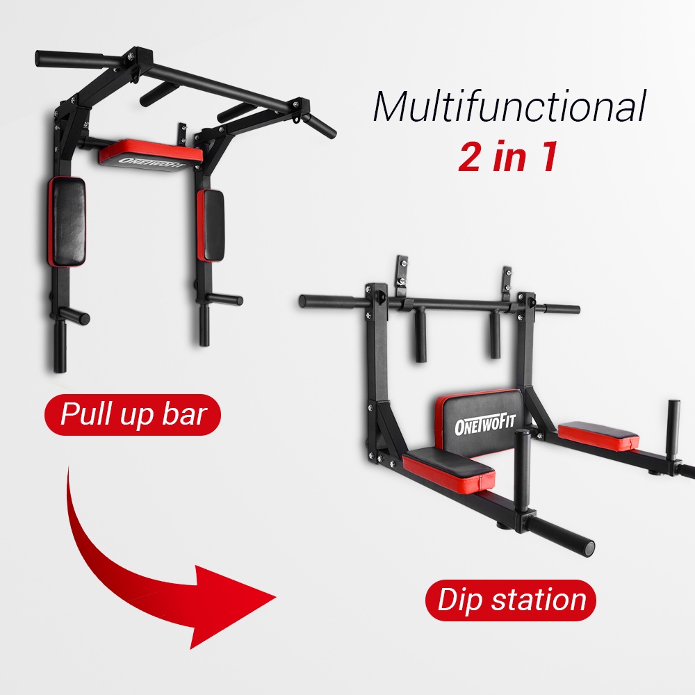 OneTwoFit Multifunctional Wall Mounted Pull Up Bar Chin Up bar Dip Station for Indoor Home Gym Workout OT126