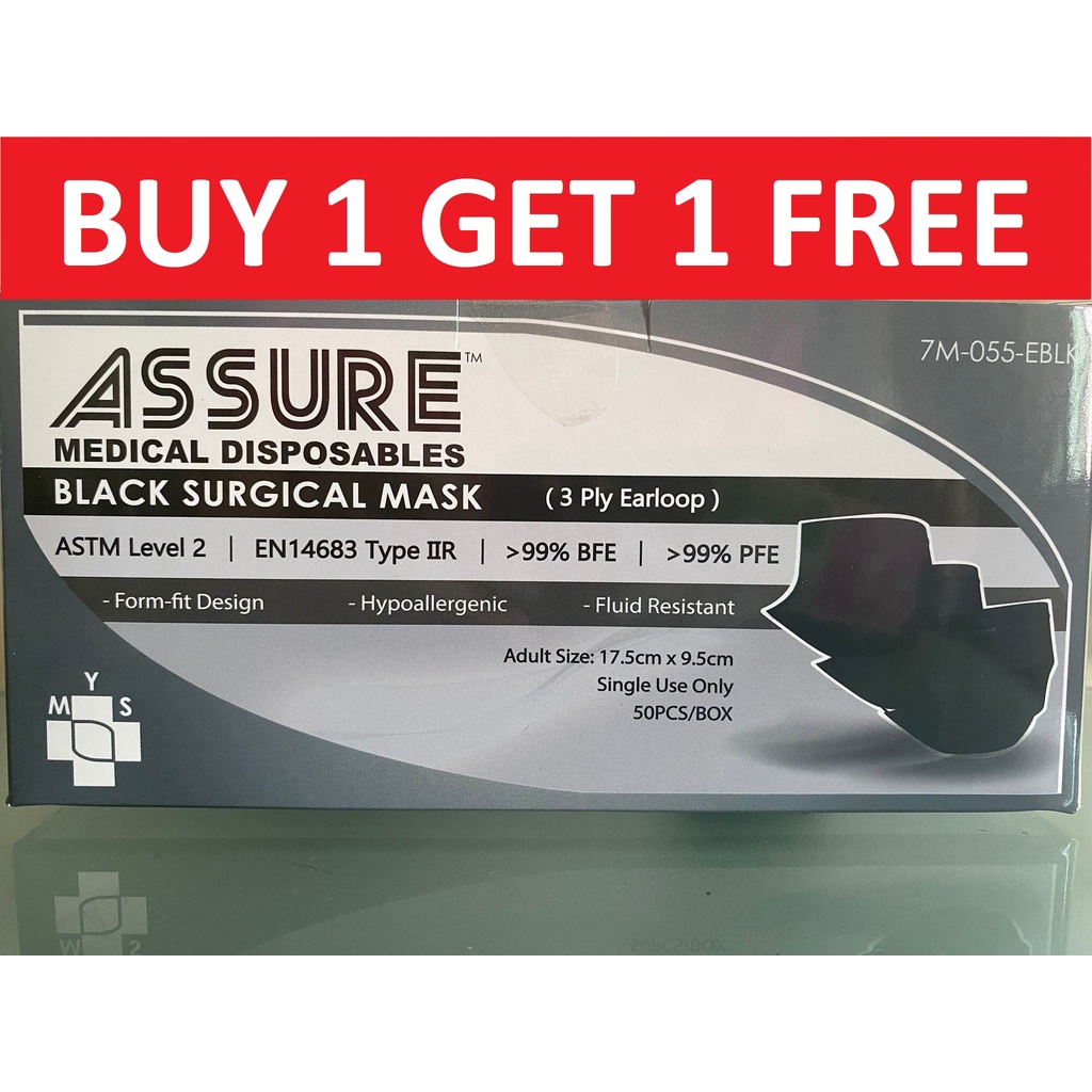 [BUY 1 FREE 1] ASSURE Black Surgical Mask 3-Ply Earloop Disposable (1 ...