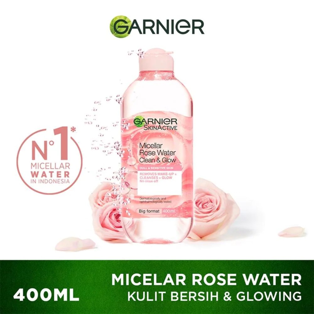Garnier Micellar Rose Water Clean & Glow Skin Care - 400 ml (Pembersih Wajah Untuk Kulit Glowing) - Gambar 2